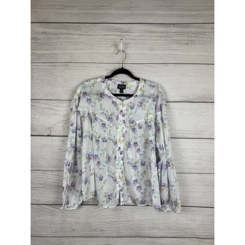 Scoop NYC White Sheer Floral Button-Down Blouse with Lavender and Green